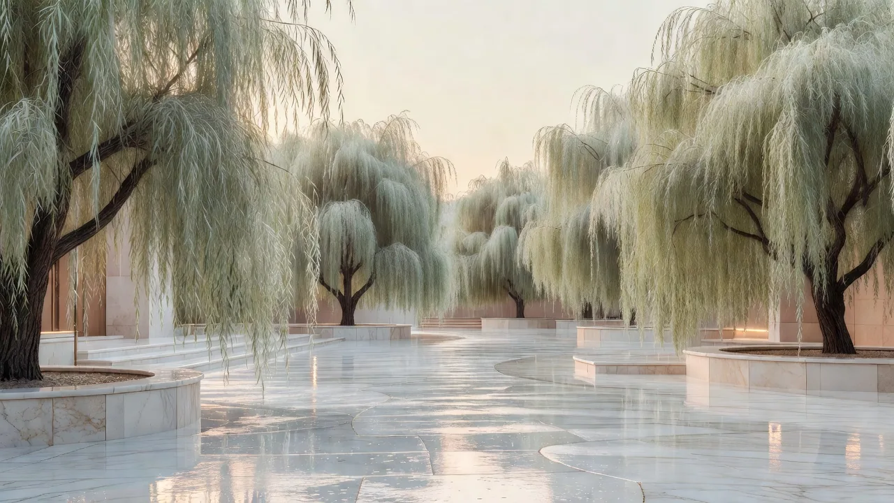 雨の柳道