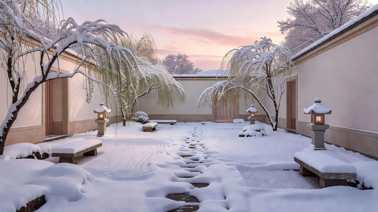 雪と石の中庭、黄昏
